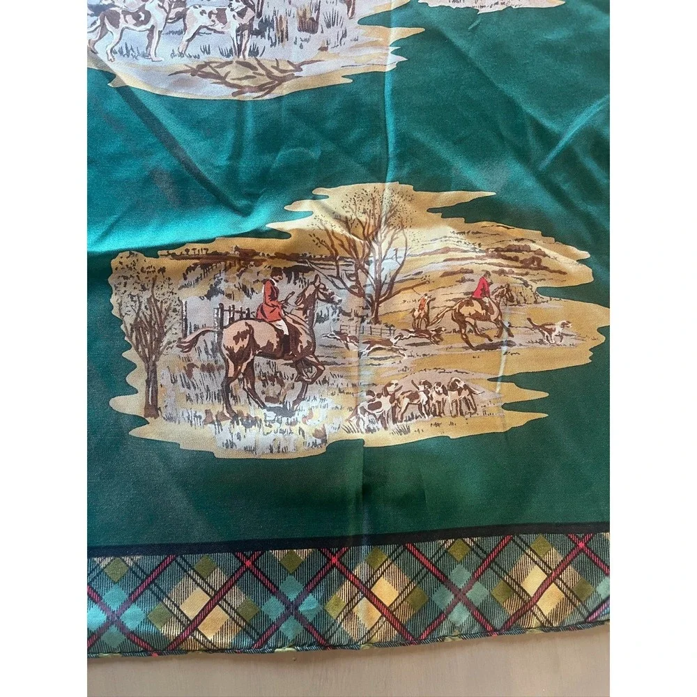 Vintage Equestrian Scarf Fox Hunt Plaid Satin Scarf‎ Green Preppy Classic Horse